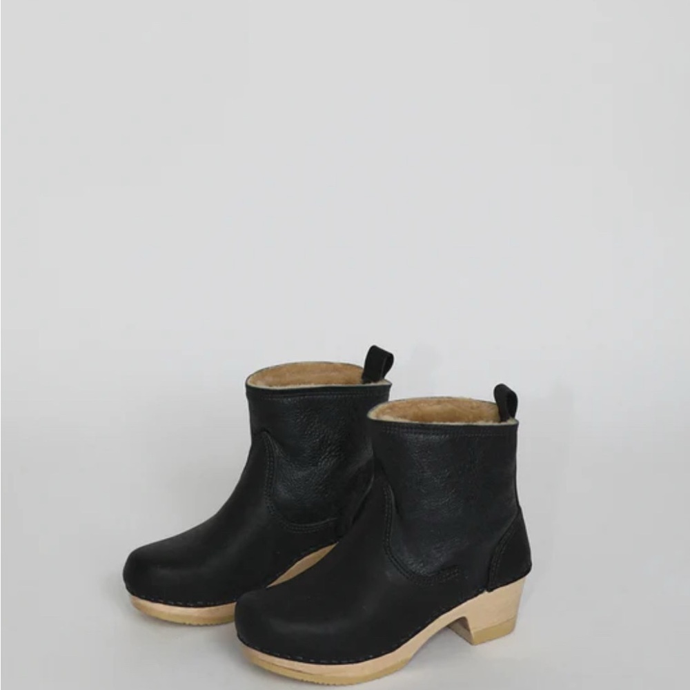 Black and Tan Leather clog booties with Wooden Sole